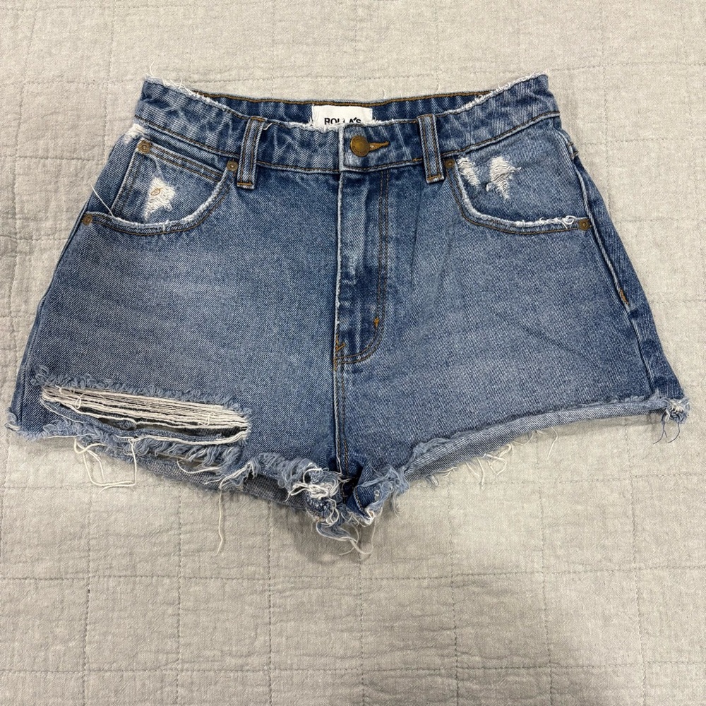 ROLLA’S Dusters High Rise Slim Distressed Denim Short Blue Jean Size 27